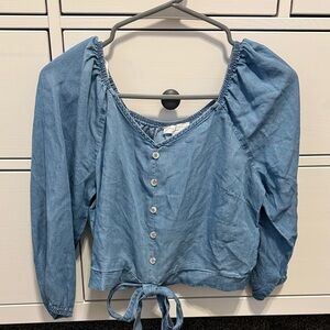 Chic Denim Blue Women's Blouse with Button Detail